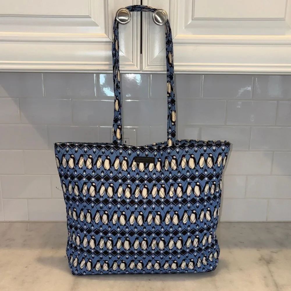 Vera Bradley Playful Penguins Blue Quilted Tote Bag Retired Pattern